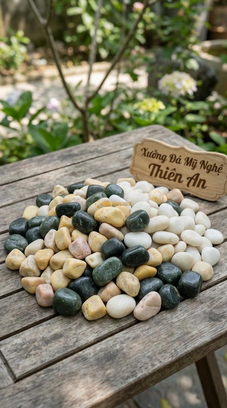 Sỏi Mix 3. Xanh rêu, Trắng quay, Vàng quay Tỉ lệ (45, 30, 25). Size 2-4cm