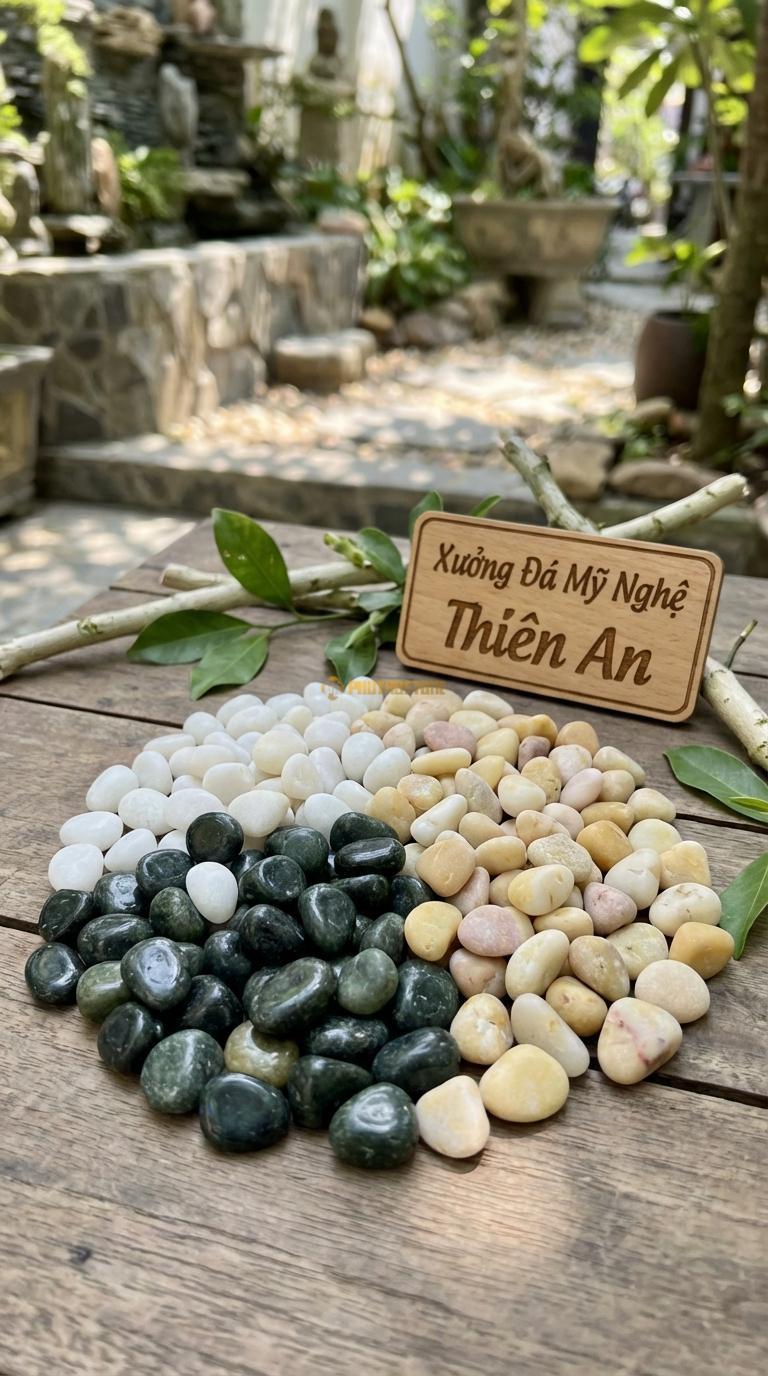Sỏi Mix 3. Xanh rêu, Trắng quay, Vàng quay Tỉ lệ (45, 30, 25). Size 7-9mm