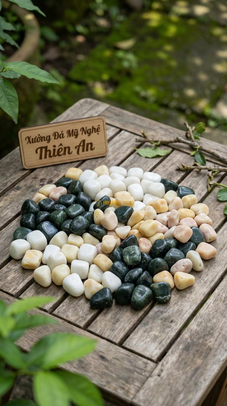 Sỏi Mix 3. Xanh rêu, Trắng quay, Vàng quay Tỉ lệ (45, 30, 25). Size 1-2cm