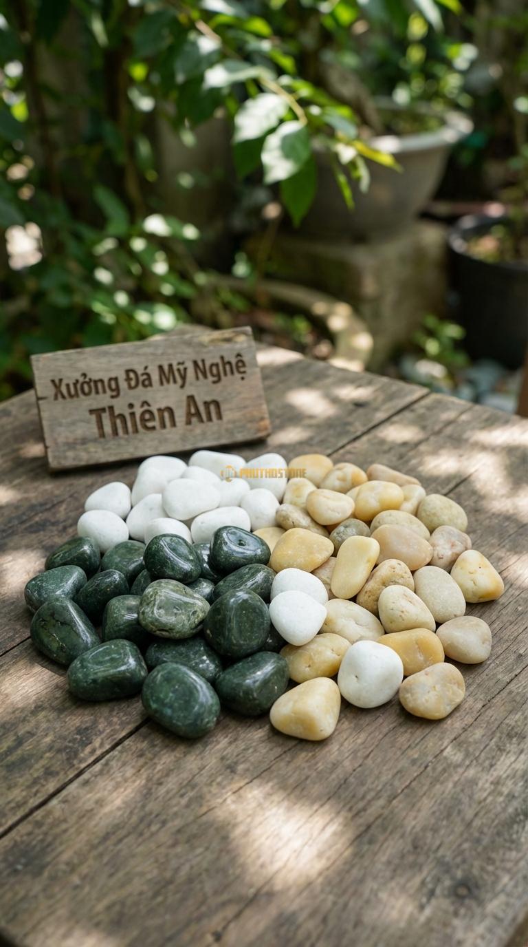 Sỏi Mix 3. Xanh rêu, Trắng quay, Vàng quay Tỉ lệ (45, 30, 25). Size 3-5cm