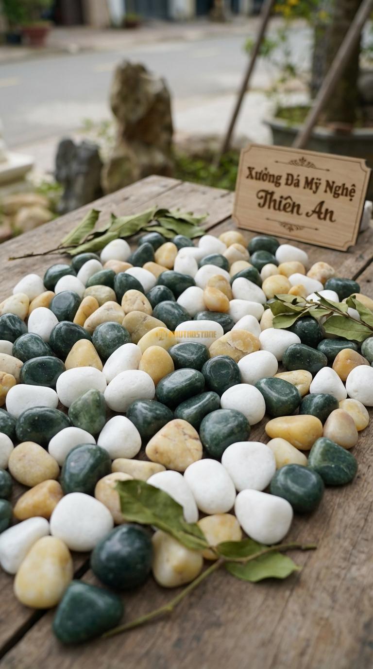 Sỏi Mix 3. Xanh rêu, Trắng quay, Vàng quay Tỉ lệ (50, 30, 20). Size 2-4cm