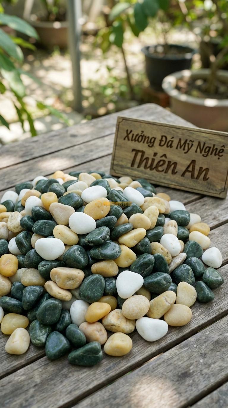 Sỏi Mix 3. Xanh rêu, Trắng quay, Vàng quay Tỉ lệ (50, 30, 20). Size 7-9mm