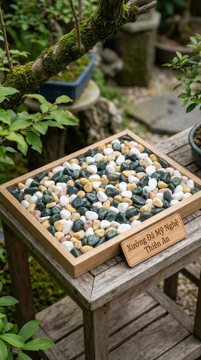 Sỏi Mix 3. Xanh rêu, Trắng quay, Vàng quay Tỉ lệ (50, 30, 20). Size 1-2cm