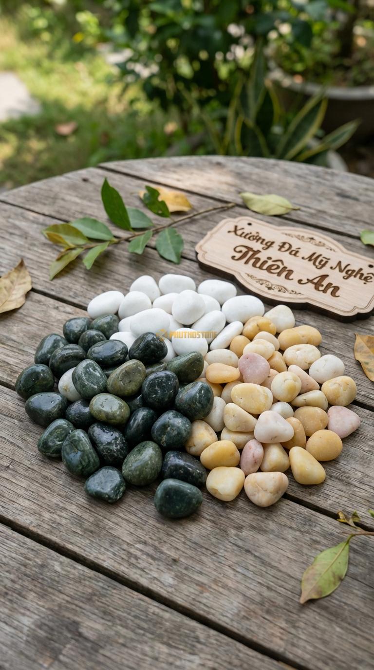 Sỏi Mix 3. Xanh rêu, Trắng quay, Vàng quay Tỉ lệ (50, 30, 20). Size 2-3cm