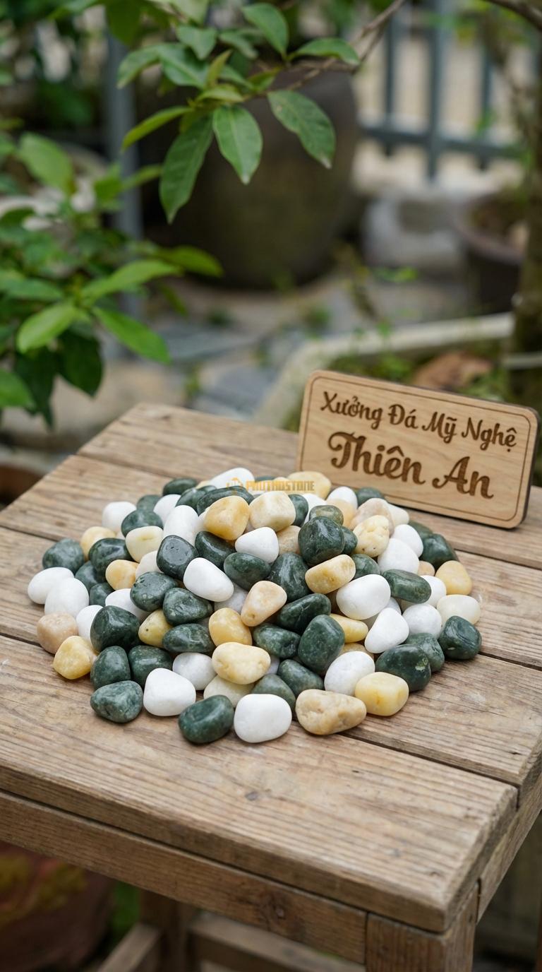 Sỏi Mix 3. Xanh rêu, Trắng quay, Vàng quay Tỉ lệ (50, 30, 20). Size 3-5cm