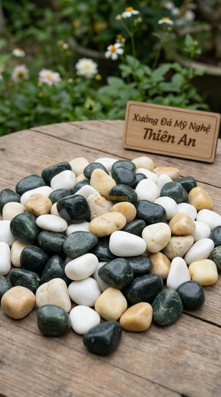 Sỏi Mix 3. Xanh rêu, Trắng quay, Vàng quay Tỉ lệ (60, 25, 15). Size 2-4cm