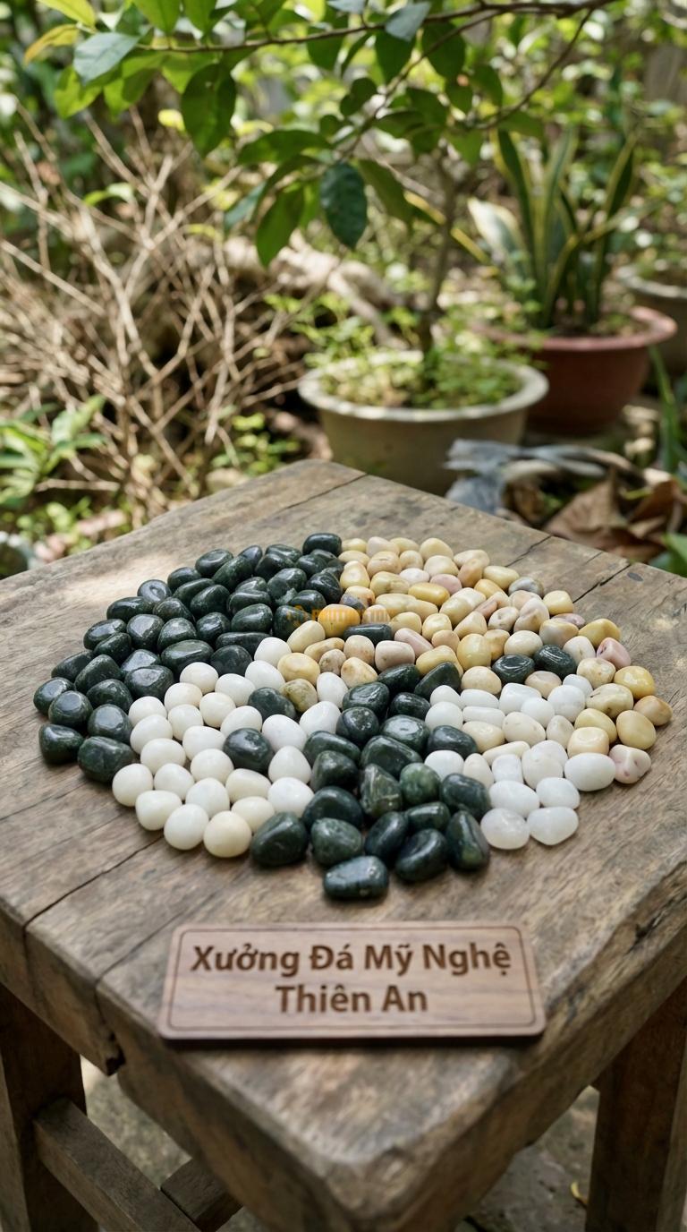 Sỏi Mix 3. Xanh rêu, Trắng quay, Vàng quay Tỉ lệ (60, 25, 15). Size 3-5mm