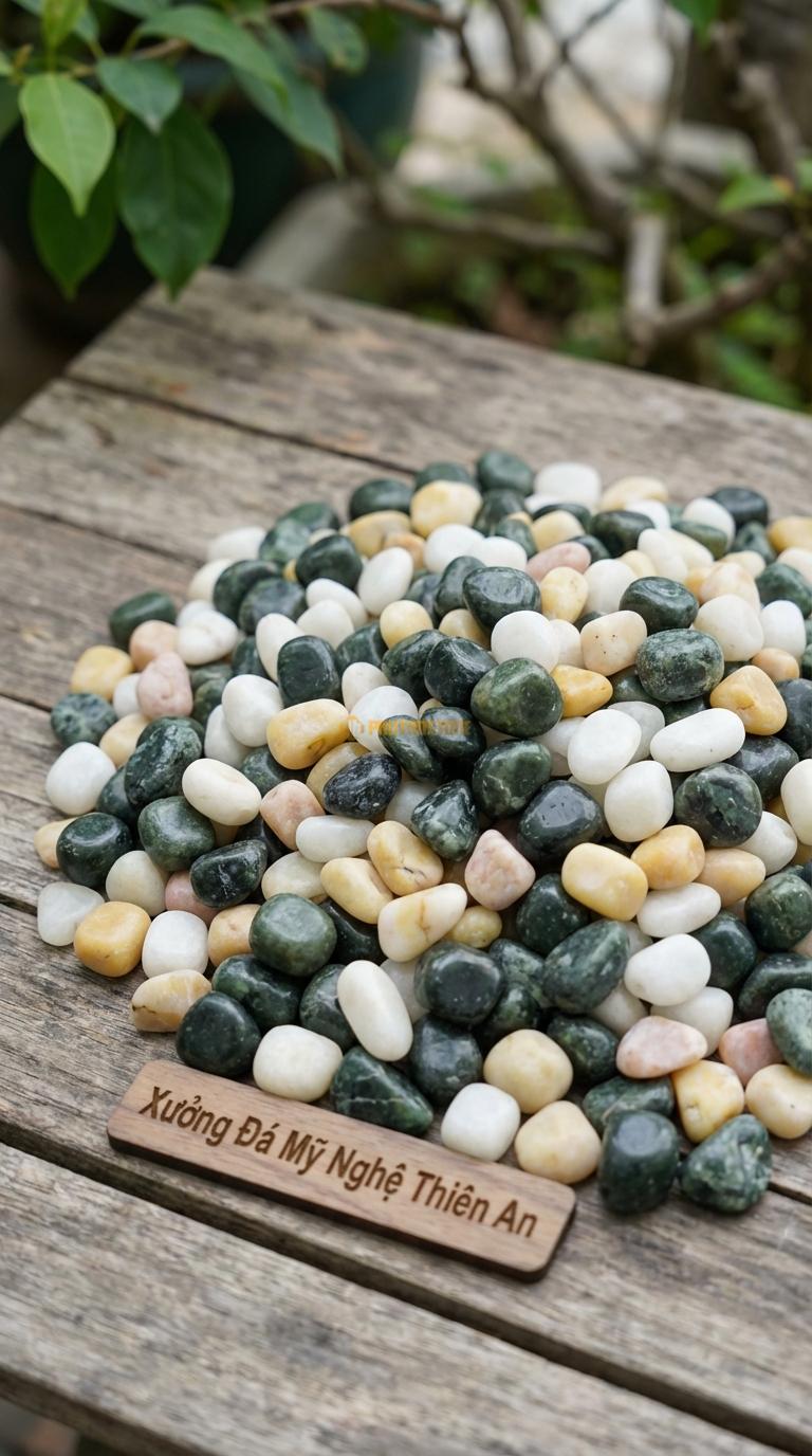 Sỏi Mix 3. Xanh rêu, Trắng quay, Vàng quay Tỉ lệ (60, 25, 15). Size 7-9mm