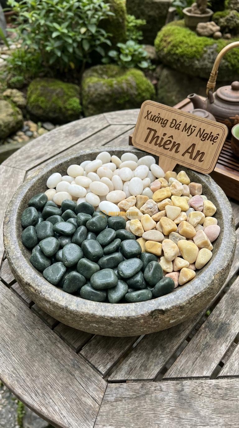 Sỏi Mix 3. Xanh rêu, Trắng quay, Vàng quay Tỉ lệ (60, 25, 15). Size 1-2cm