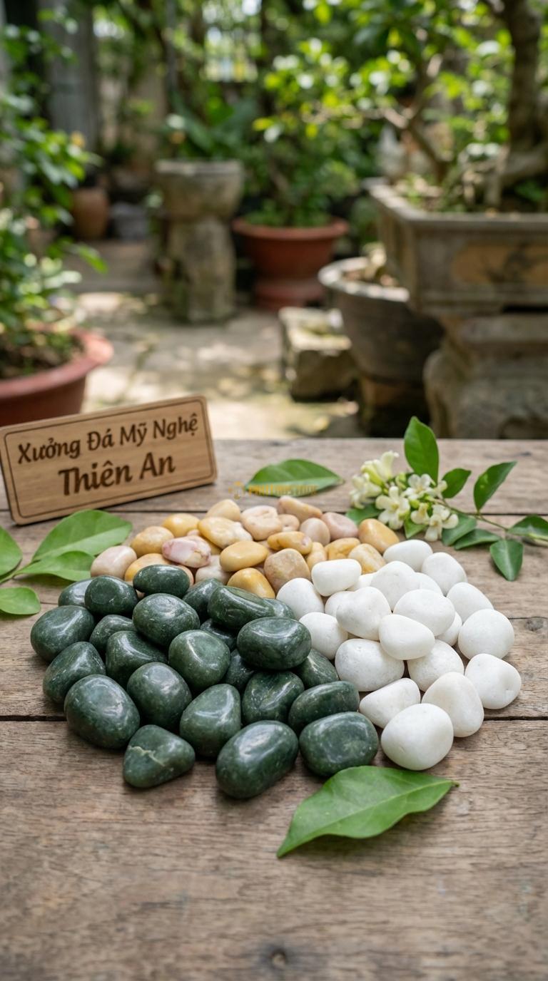 Sỏi Mix 3. Xanh rêu, Trắng quay, Vàng quay Tỉ lệ (60, 25, 15). Size 3-5cm