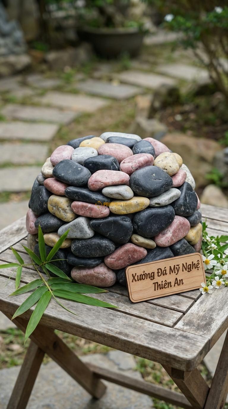 Sỏi Mix 4 loại sỏi đen quay, Hồng quay, Ghi xám quay, Vàng quay Tỉ lệ (40, 25, 20, 15). Size 3-5cm