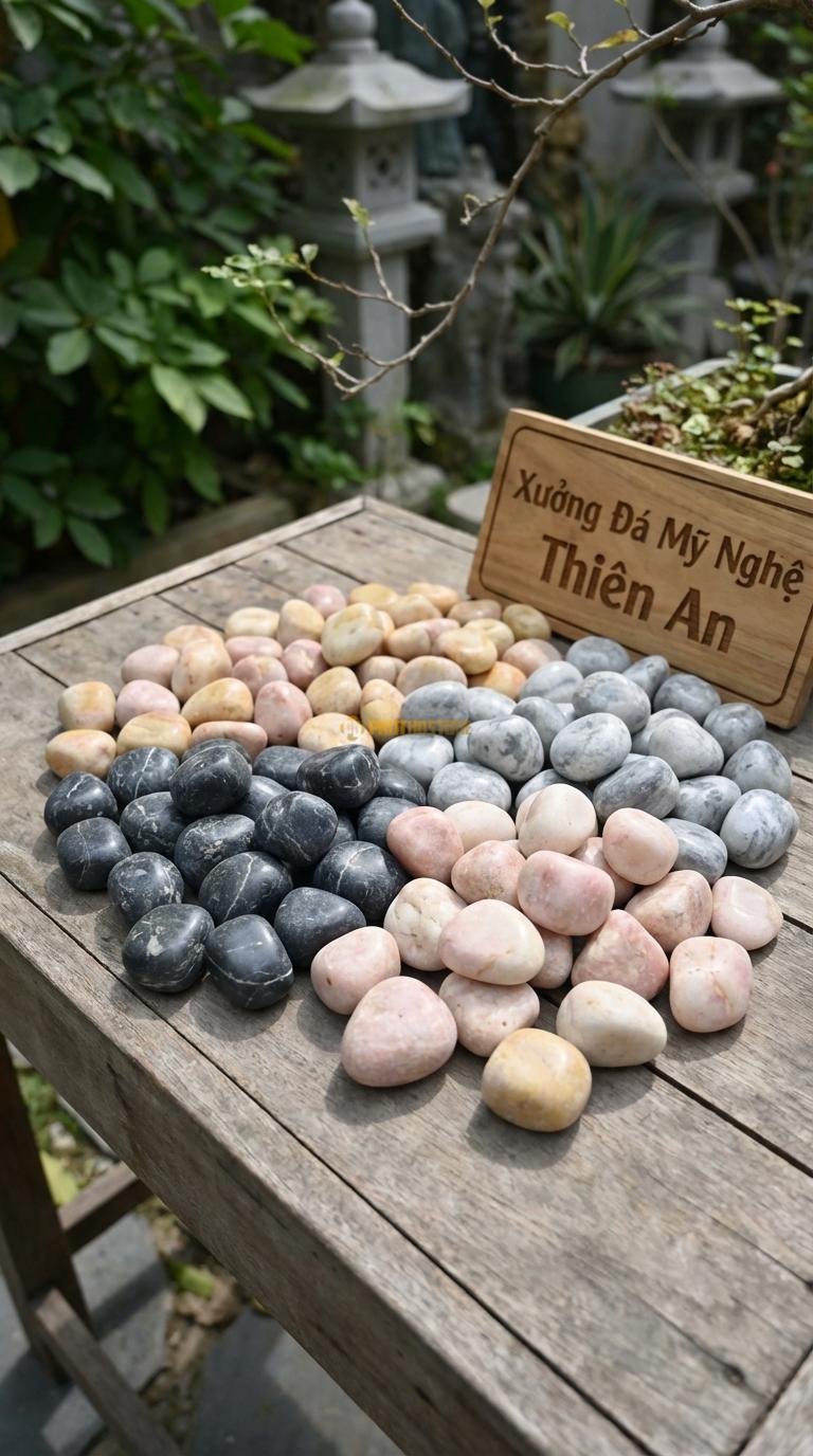 Sỏi Mix 4 loại sỏi đen quay, Hồng quay, Ghi xám quay, Vàng quay Tỉ lệ (30, 30, 25, 15). Size 3-5cm