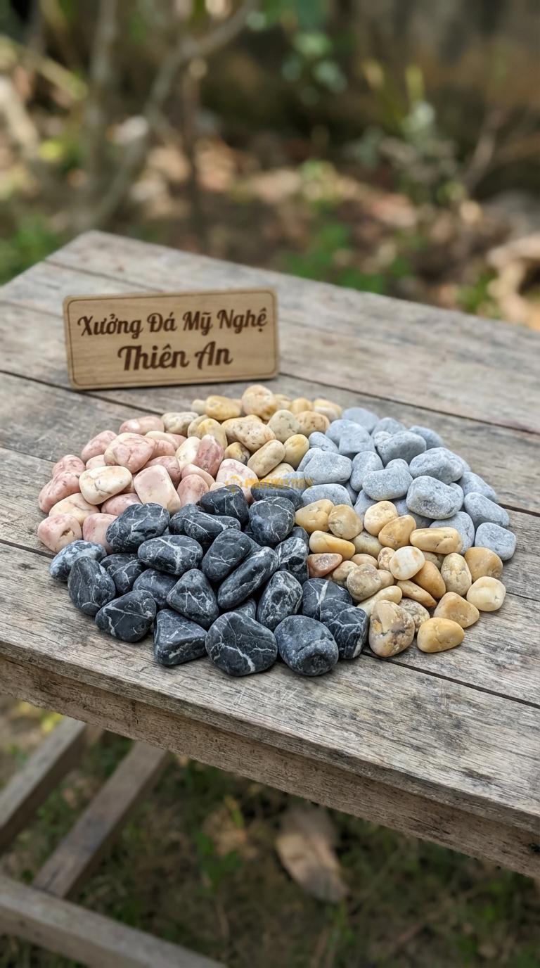 Sỏi Mix 4 loại sỏi đen quay, Hồng quay, Ghi xám quay, Vàng quay Tỉ lệ (45, 20, 20, 15). Size 3-5cm