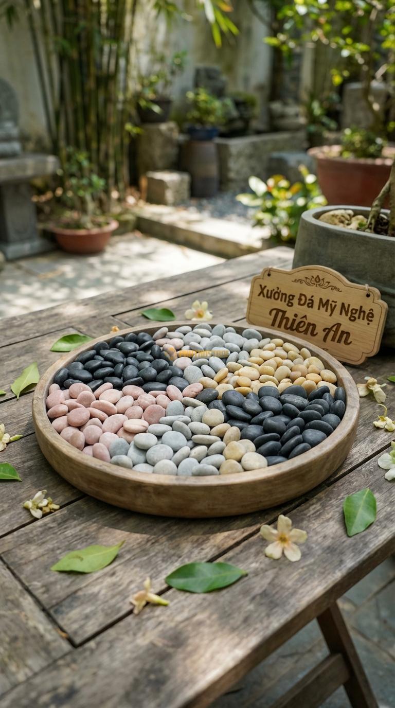 Sỏi Mix 4 loại sỏi đen quay, Hồng quay, Ghi xám quay, Vàng quay Tỉ lệ (35, 25, 25, 15). Size 3-5mm