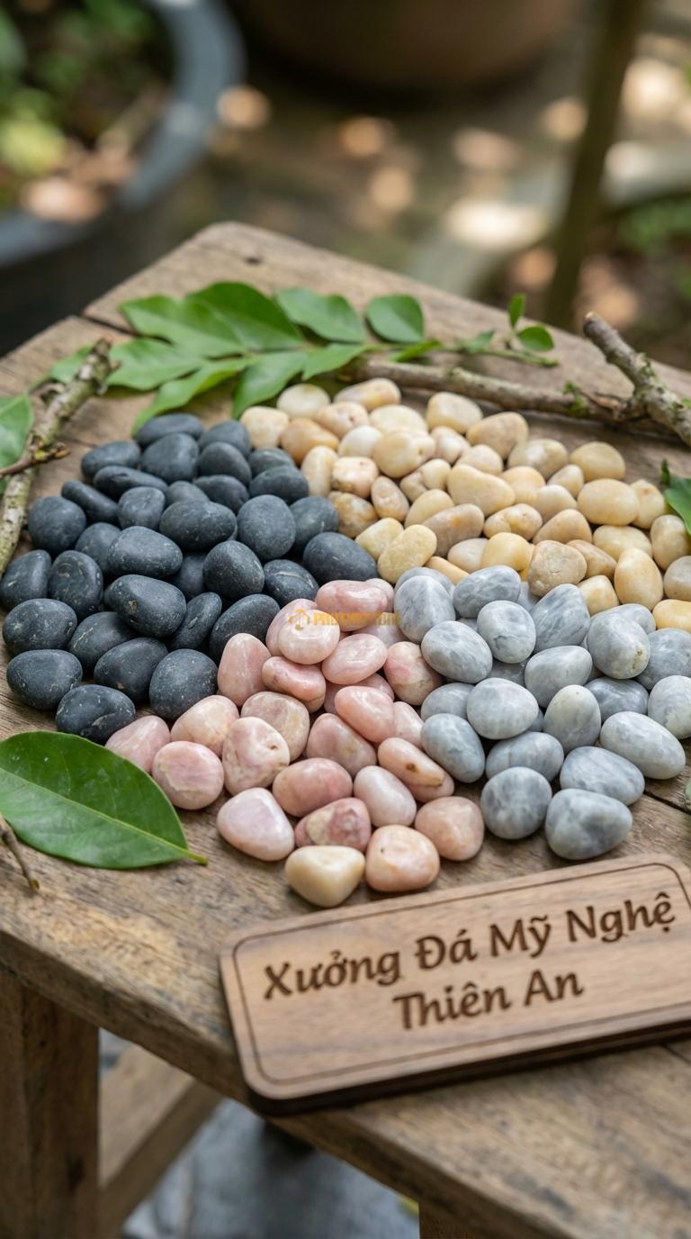 Sỏi Mix 4 loại sỏi đen quay, Hồng quay, Ghi xám quay, Vàng quay Tỉ lệ (35, 25, 25, 15). Size 7-9mm