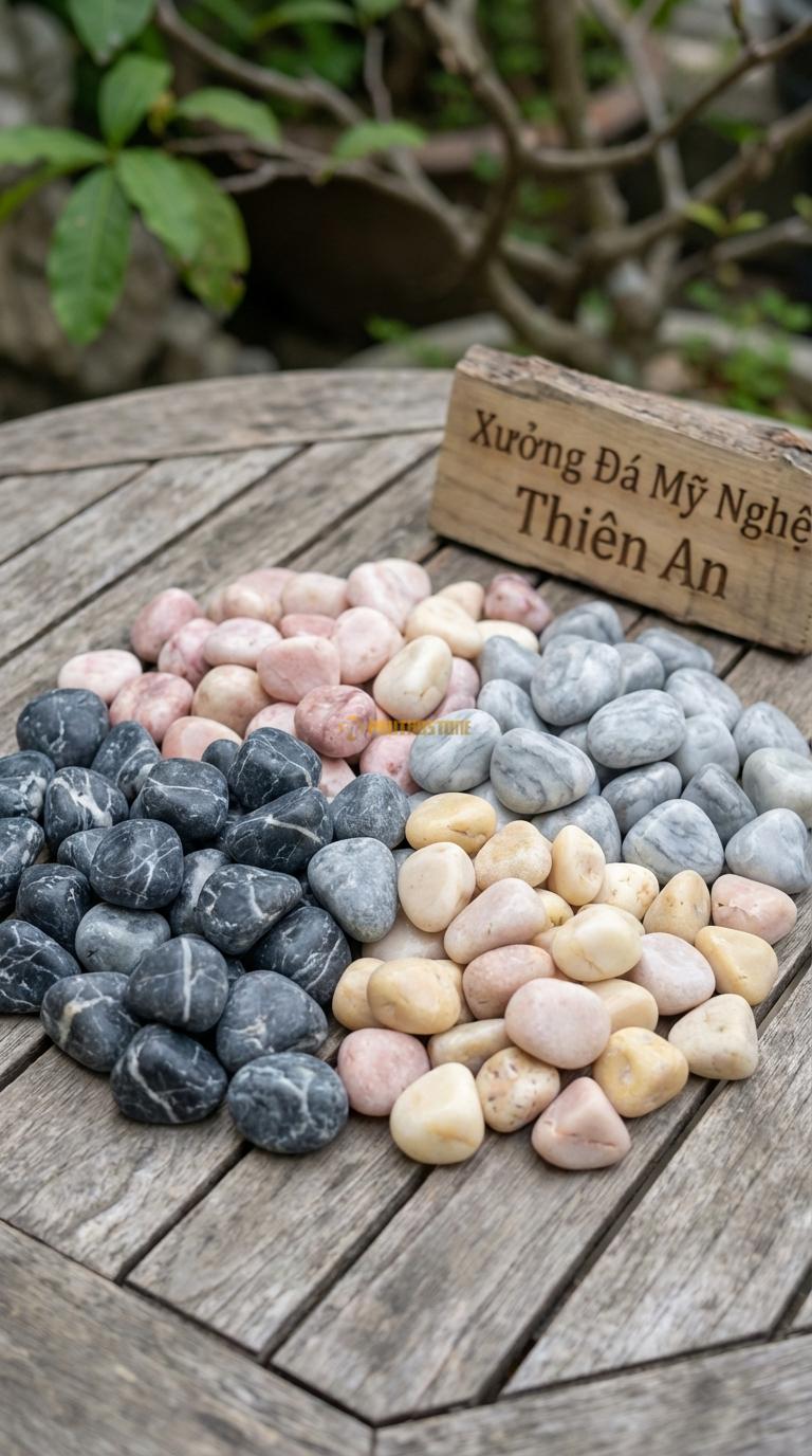 Sỏi Mix 4 loại sỏi đen quay, Hồng quay, Ghi xám quay, Vàng quay Tỉ lệ (40, 25, 20, 15). Size 7-9mm
