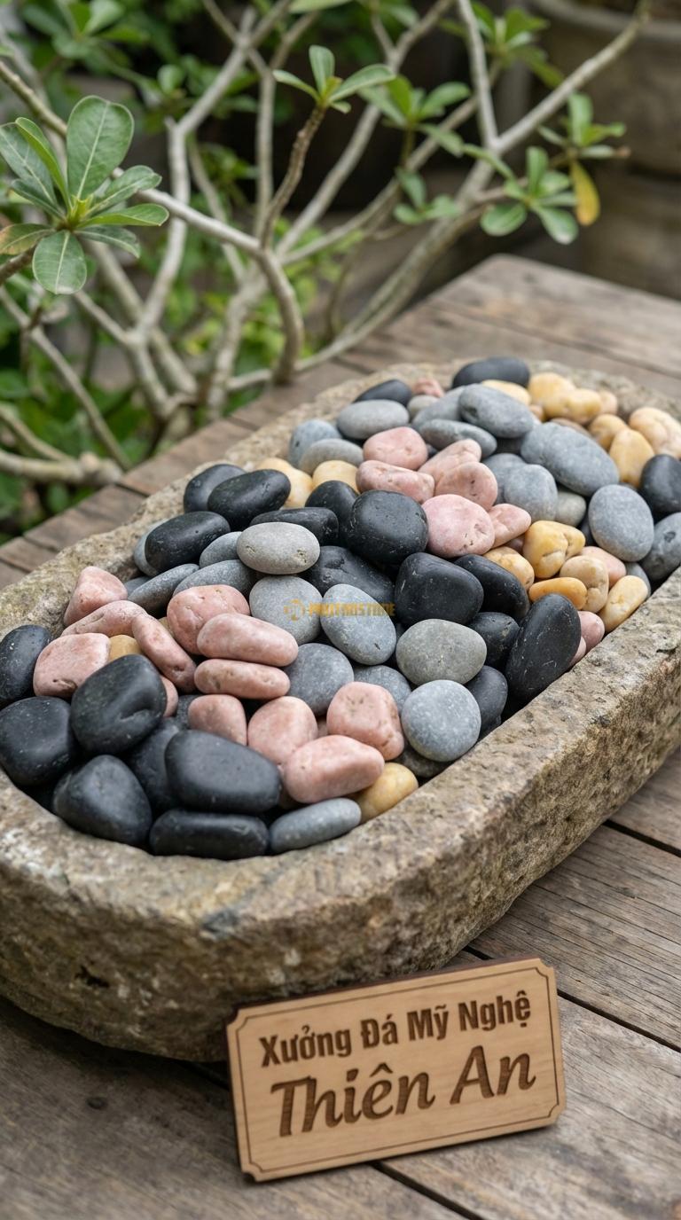 Sỏi Mix 4 loại sỏi đen quay, Hồng quay, Ghi xám quay, Vàng quay Tỉ lệ (35, 25, 25, 15). Size 1-2cm