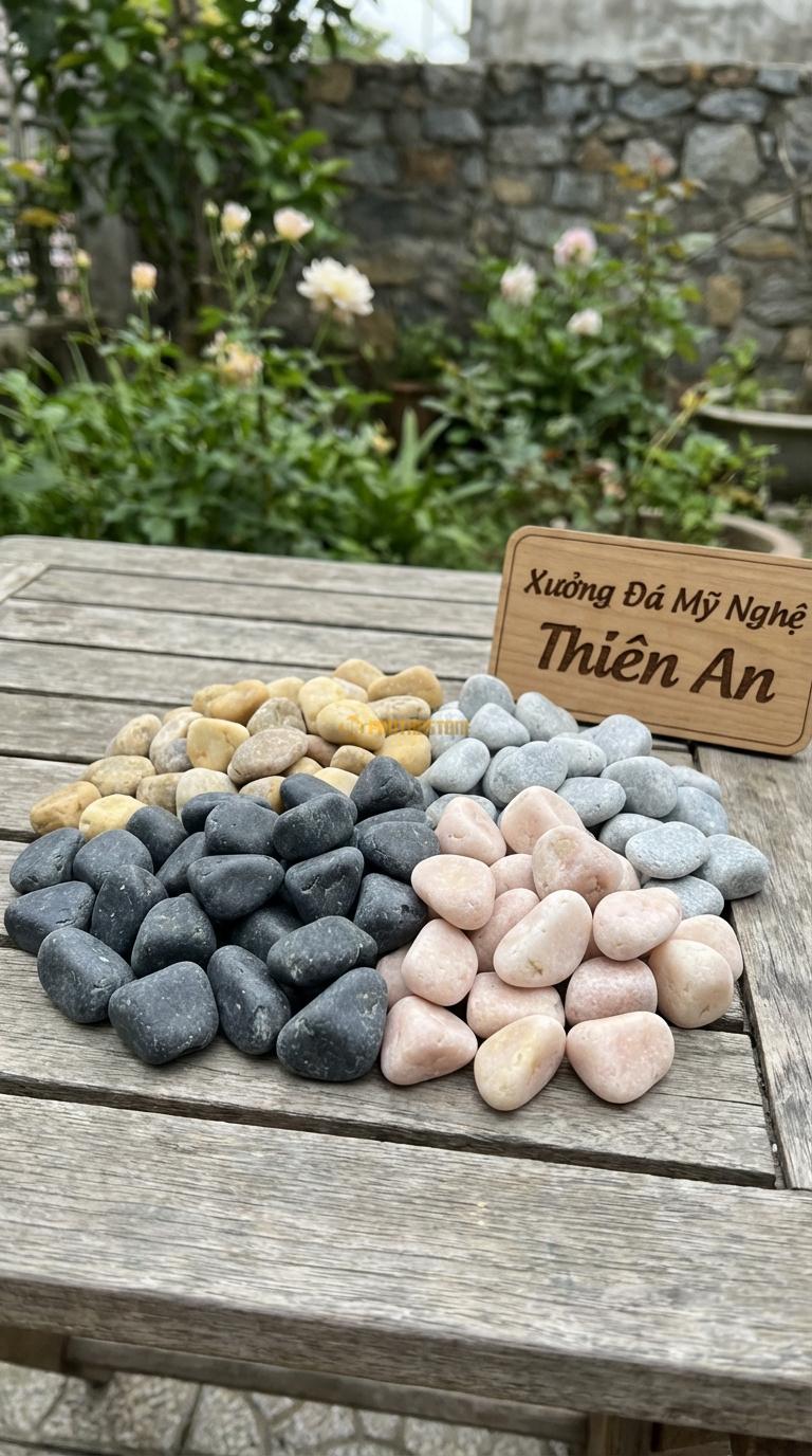 Sỏi Mix 4 loại sỏi đen quay, Hồng quay, Ghi xám quay, Vàng quay Tỉ lệ (40, 25, 20, 15). Size 1-2cm