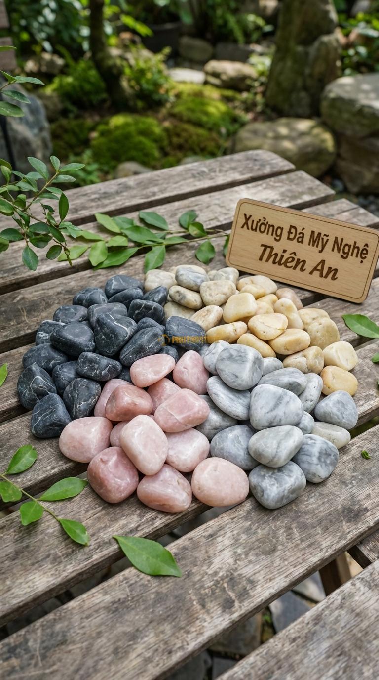 Sỏi Mix 4 loại sỏi đen quay, Hồng quay, Ghi xám quay, Vàng quay Tỉ lệ (45, 20, 20, 15). Size 1-2cm