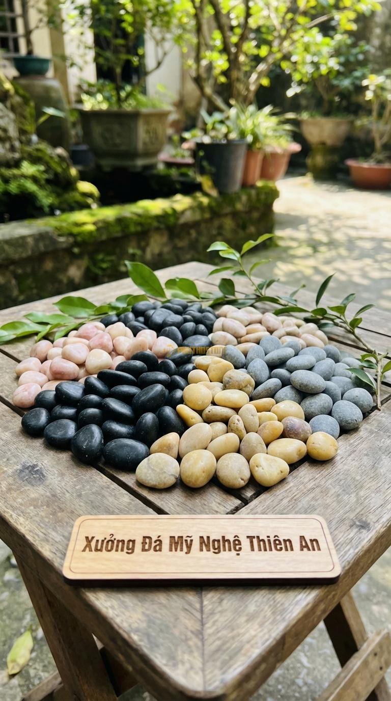 Sỏi Mix 4 loại sỏi đen quay, Hồng quay, Ghi xám quay, Vàng quay Tỉ lệ (35, 25, 25, 15). Size 2-3cm