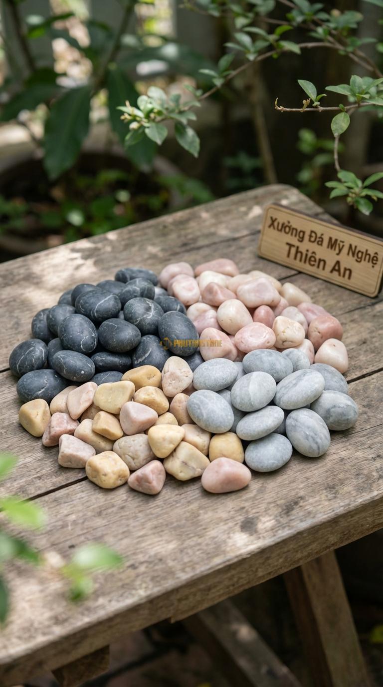 Sỏi Mix 4 loại sỏi đen quay, Hồng quay, Ghi xám quay, Vàng quay Tỉ lệ (40, 25, 20, 15). Size 2-3cm