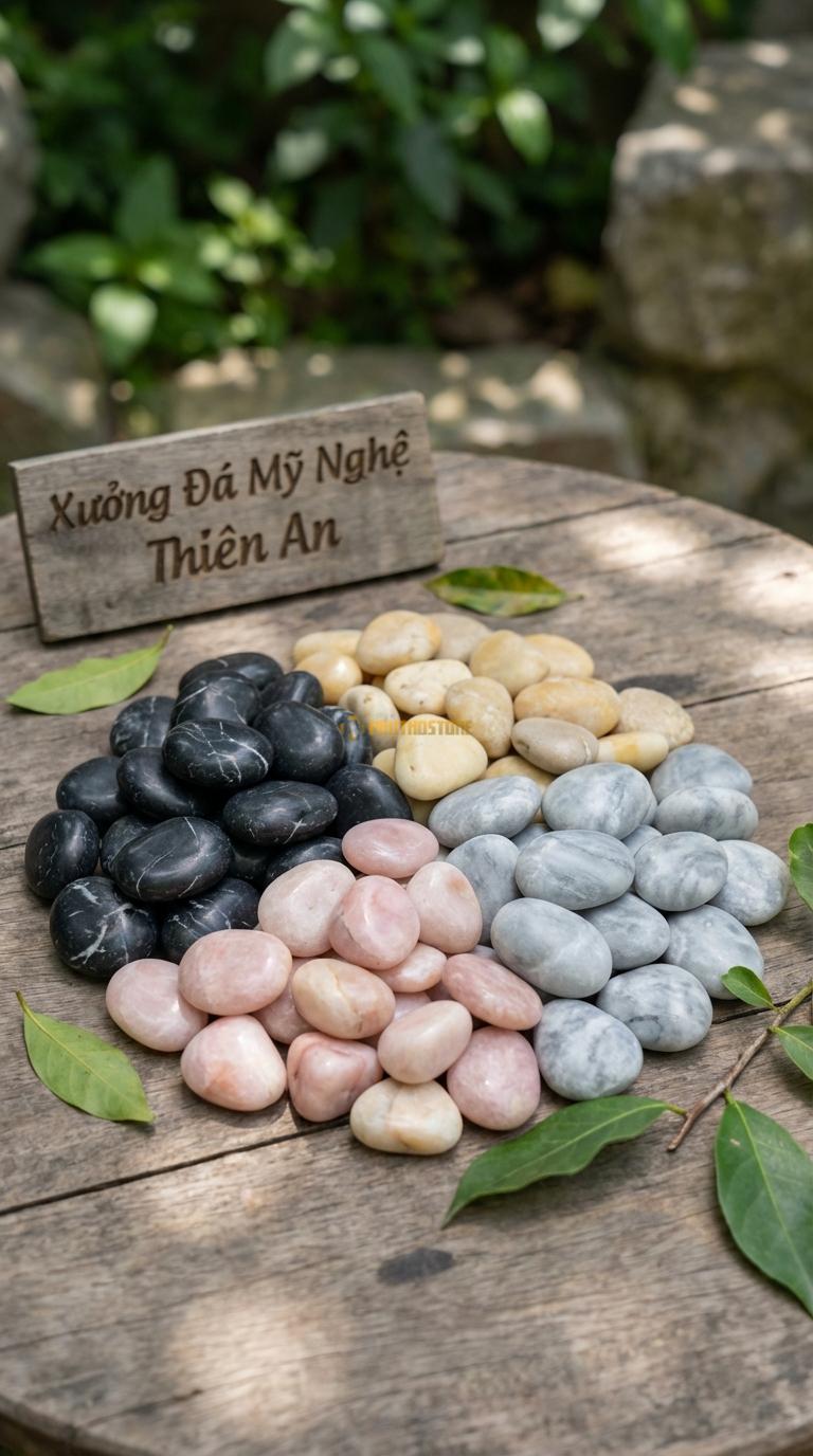 Sỏi Mix 4 loại sỏi đen quay, Hồng quay, Ghi xám quay, Vàng quay Tỉ lệ (30, 30, 25, 15). Size 2-3cm