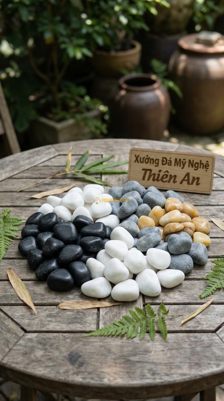 Sỏi Mix 4 loại sỏi đen quay, Trắng quay, Ghi xám quay, Vàng quay Tỉ lệ (30, 30, 25, 15). Size 3-5cm