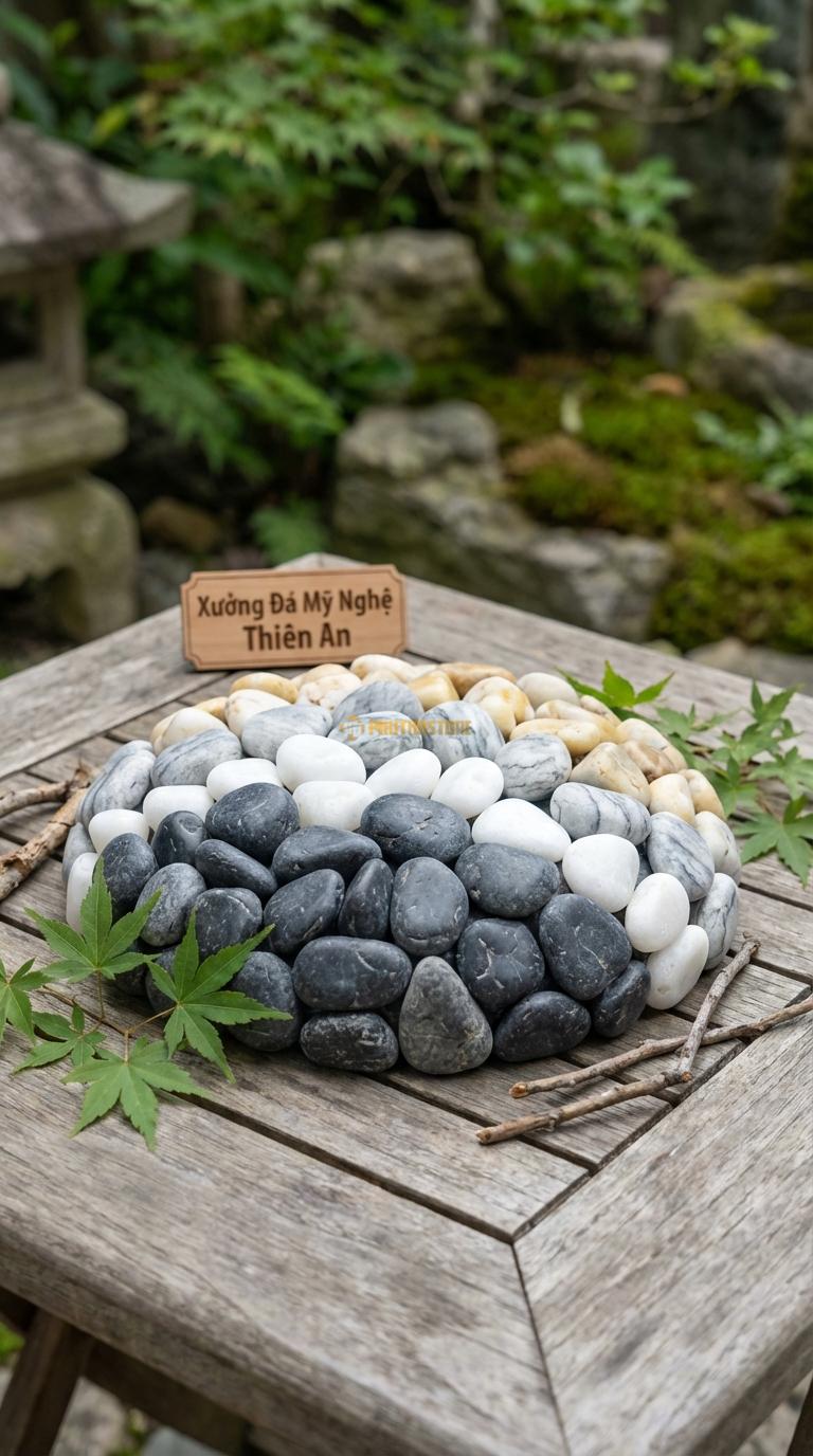 Sỏi Mix 4 loại sỏi đen quay, Trắng quay, Ghi xám quay, Vàng quay Tỉ lệ (45, 20, 20, 15). Size 3-5cm