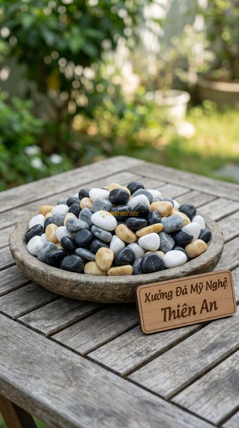 Sỏi Mix 4 loại sỏi đen quay, Trắng quay, Ghi xám quay, Vàng quay Tỉ lệ (40, 25, 20, 15). Size 3-5mm