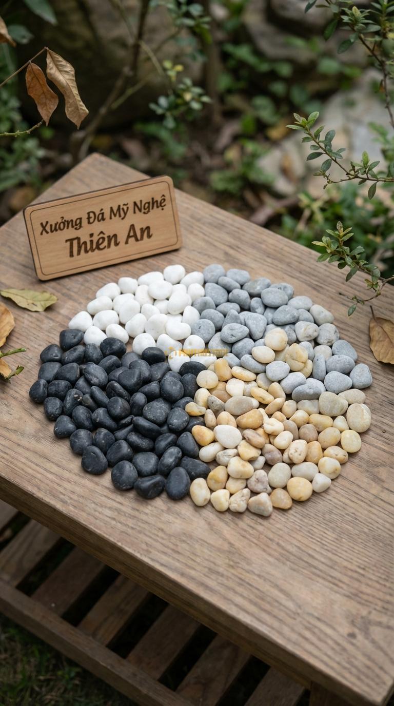 Sỏi Mix 4 loại sỏi đen quay, Trắng quay, Ghi xám quay, Vàng quay Tỉ lệ (45, 20, 20, 15). Size 3-5mm