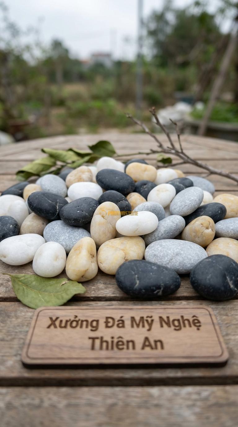Sỏi Mix 4 loại sỏi đen quay, Trắng quay, Ghi xám quay, Vàng quay Tỉ lệ (35, 25, 25, 15). Size 7-9mm
