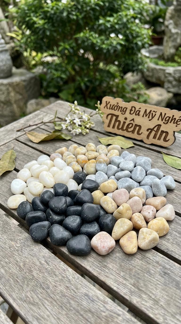 Sỏi Mix 4 loại sỏi đen quay, Trắng quay, Ghi xám quay, Vàng quay Tỉ lệ (40, 25, 20, 15). Size 7-9mm
