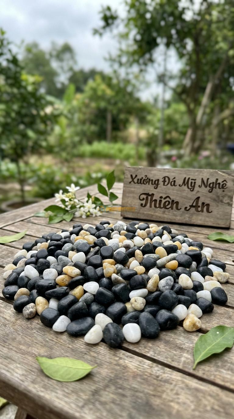 Sỏi Mix 4 loại sỏi đen quay, Trắng quay, Ghi xám quay, Vàng quay Tỉ lệ (45, 20, 20, 15). Size 7-9mm