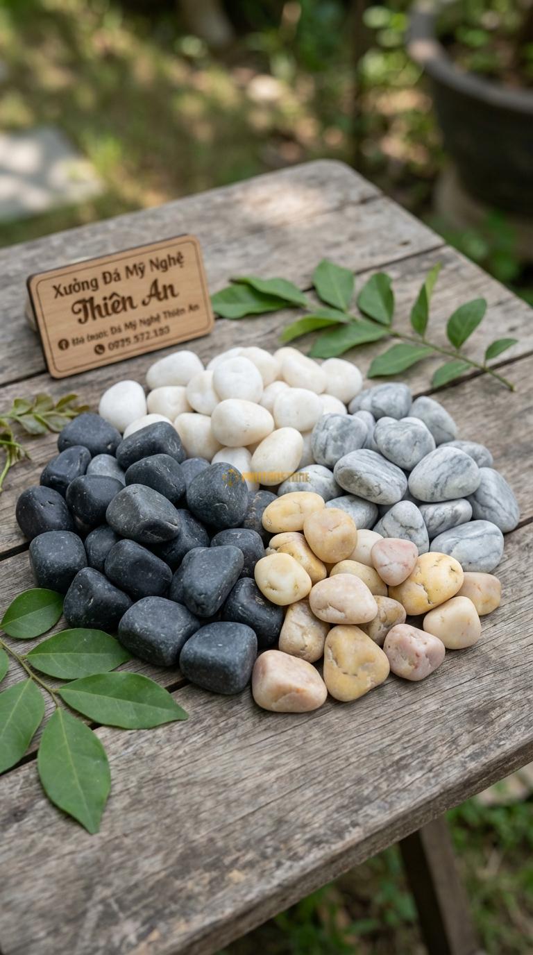 Sỏi Mix 4 loại sỏi đen quay, Trắng quay, Ghi xám quay, Vàng quay Tỉ lệ (40, 25, 20, 15). Size 1-2cm