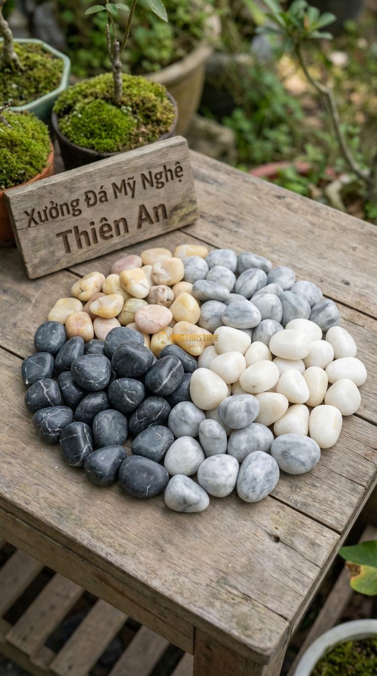 Sỏi Mix 4 loại sỏi đen quay, Trắng quay, Ghi xám quay, Vàng quay Tỉ lệ (30, 30, 25, 15). Size 1-2cm
