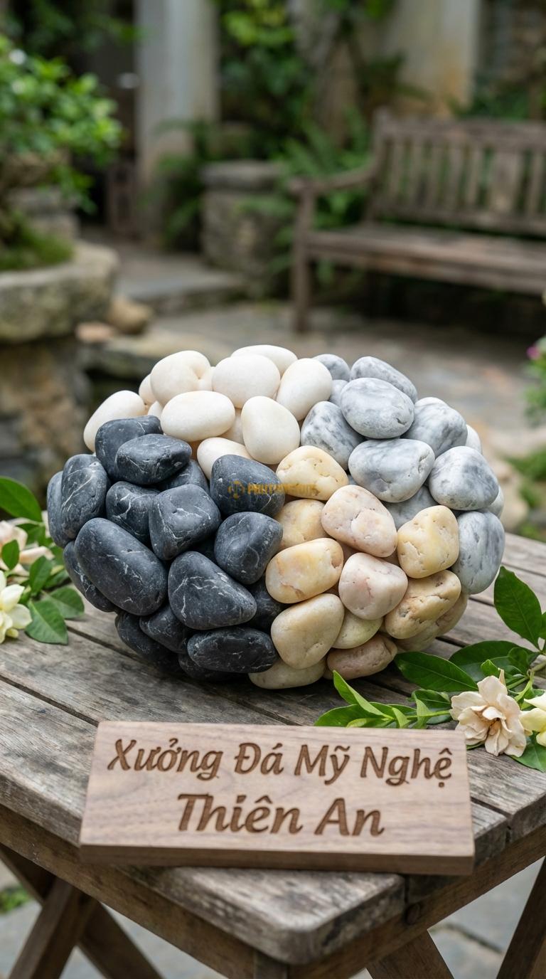 Sỏi Mix 4 loại sỏi đen quay, Trắng quay, Ghi xám quay, Vàng quay Tỉ lệ (45, 20, 20, 15). Size 1-2cm