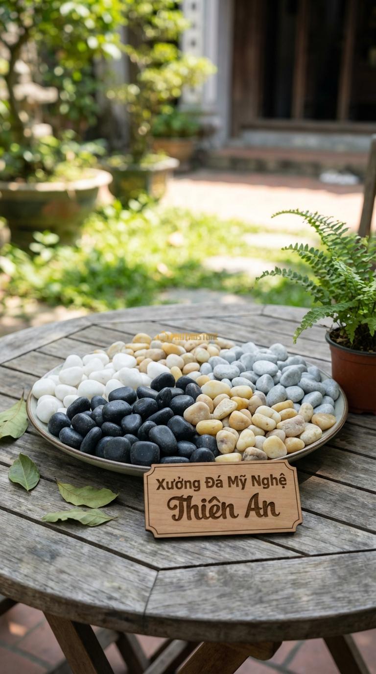Sỏi Mix 4 loại sỏi đen quay, Trắng quay, Ghi xám quay, Vàng quay Tỉ lệ (40, 25, 20, 15). Size 2-3cm