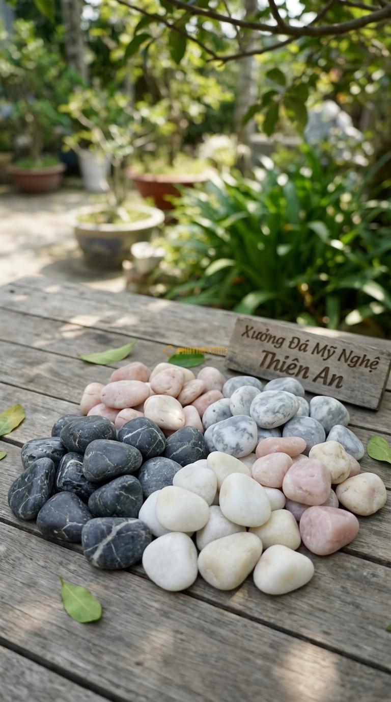 Sỏi Mix 4 loại sỏi đen quay, Trắng quay, Hồng quay, Ghi xám quay Tỉ lệ (35, 25, 25, 15). Size 3-5cm