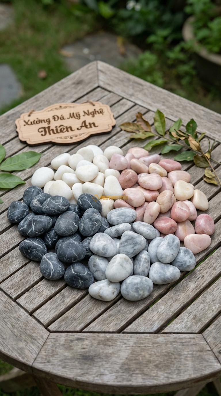 Sỏi Mix 4 loại sỏi đen quay, Trắng quay, Hồng quay, Ghi xám quay Tỉ lệ (40, 25, 20, 15). Size 3-5cm