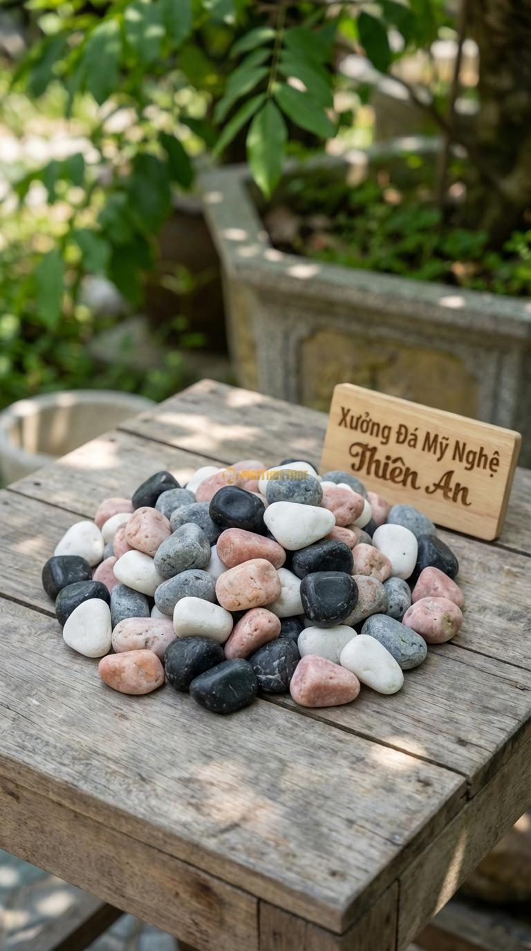 Sỏi Mix 4 loại sỏi đen quay, Trắng quay, Hồng quay, Ghi xám quay Tỉ lệ (30, 30, 25, 15). Size 3-5cm