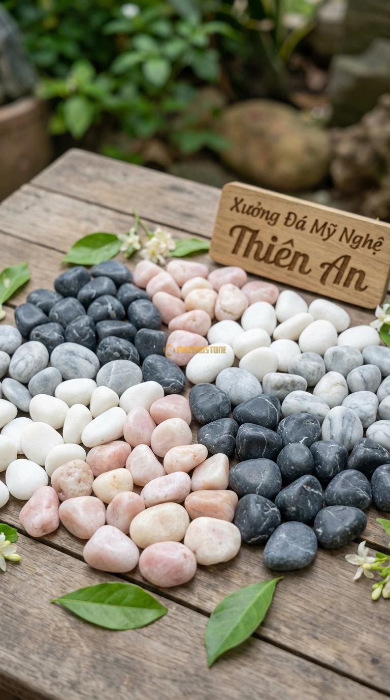 Sỏi Mix 4 loại sỏi đen quay, Trắng quay, Hồng quay, Ghi xám quay Tỉ lệ (30, 30, 25, 15). Size 2-4cm