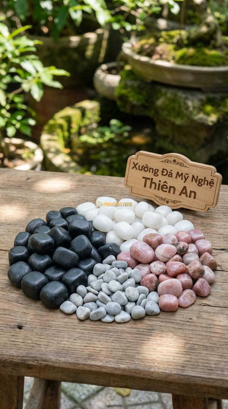 Sỏi Mix 4 loại sỏi đen quay, Trắng quay, Hồng quay, Ghi xám quay Tỉ lệ (45, 20, 20, 15). Size 3-5mm