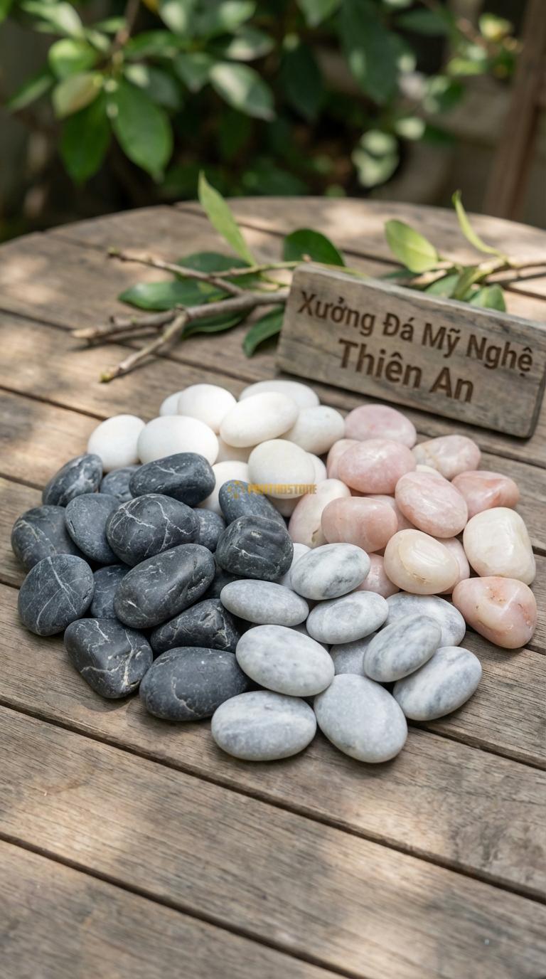 Sỏi Mix 4 loại sỏi đen quay, Trắng quay, Hồng quay, Ghi xám quay Tỉ lệ (35, 25, 25, 15). Size 1-2cm