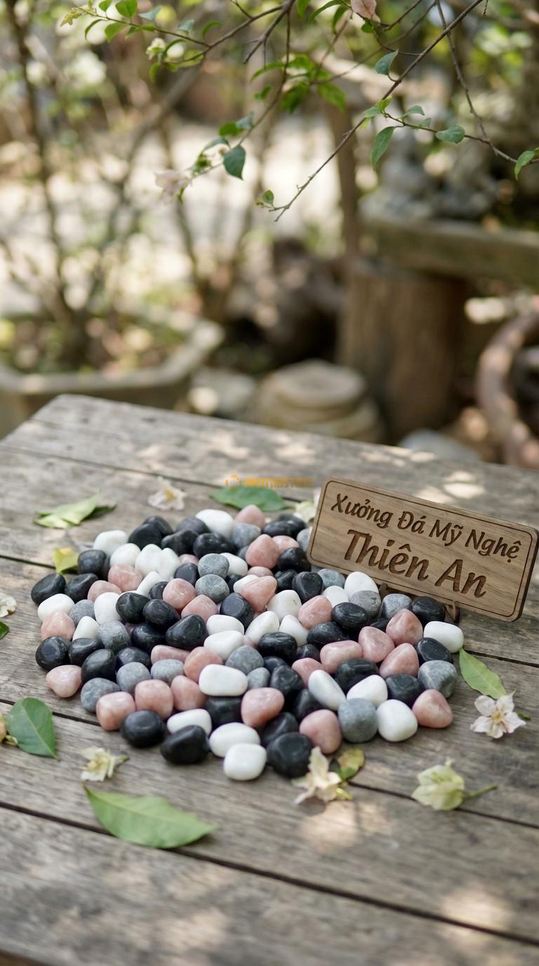 Sỏi Mix 4 loại sỏi đen quay, Trắng quay, Hồng quay, Ghi xám quay Tỉ lệ (40, 25, 20, 15). Size 1-2cm