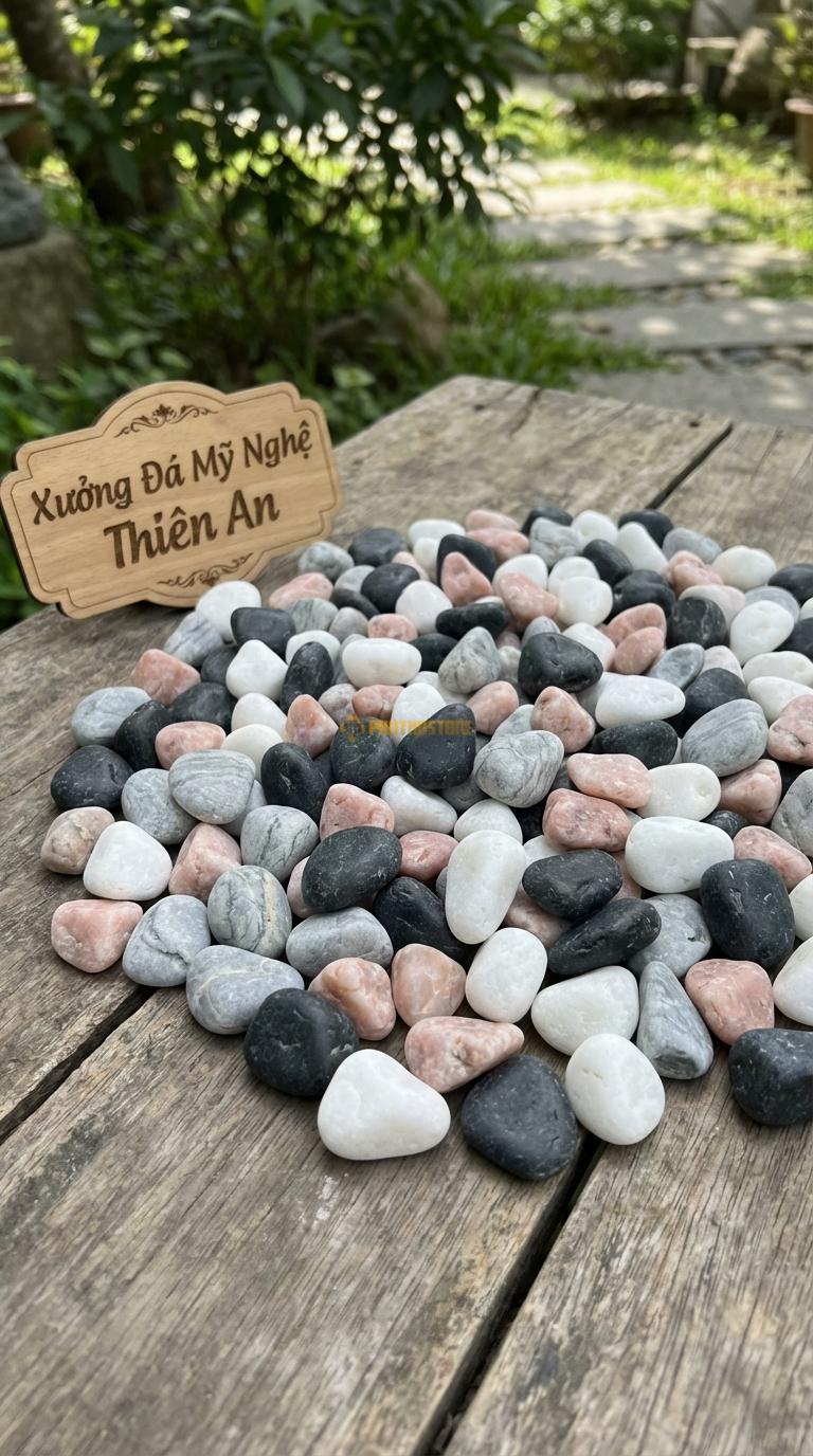 Sỏi Mix 4 loại sỏi đen quay, Trắng quay, Hồng quay, Ghi xám quay Tỉ lệ (30, 30, 25, 15). Size 1-2cm