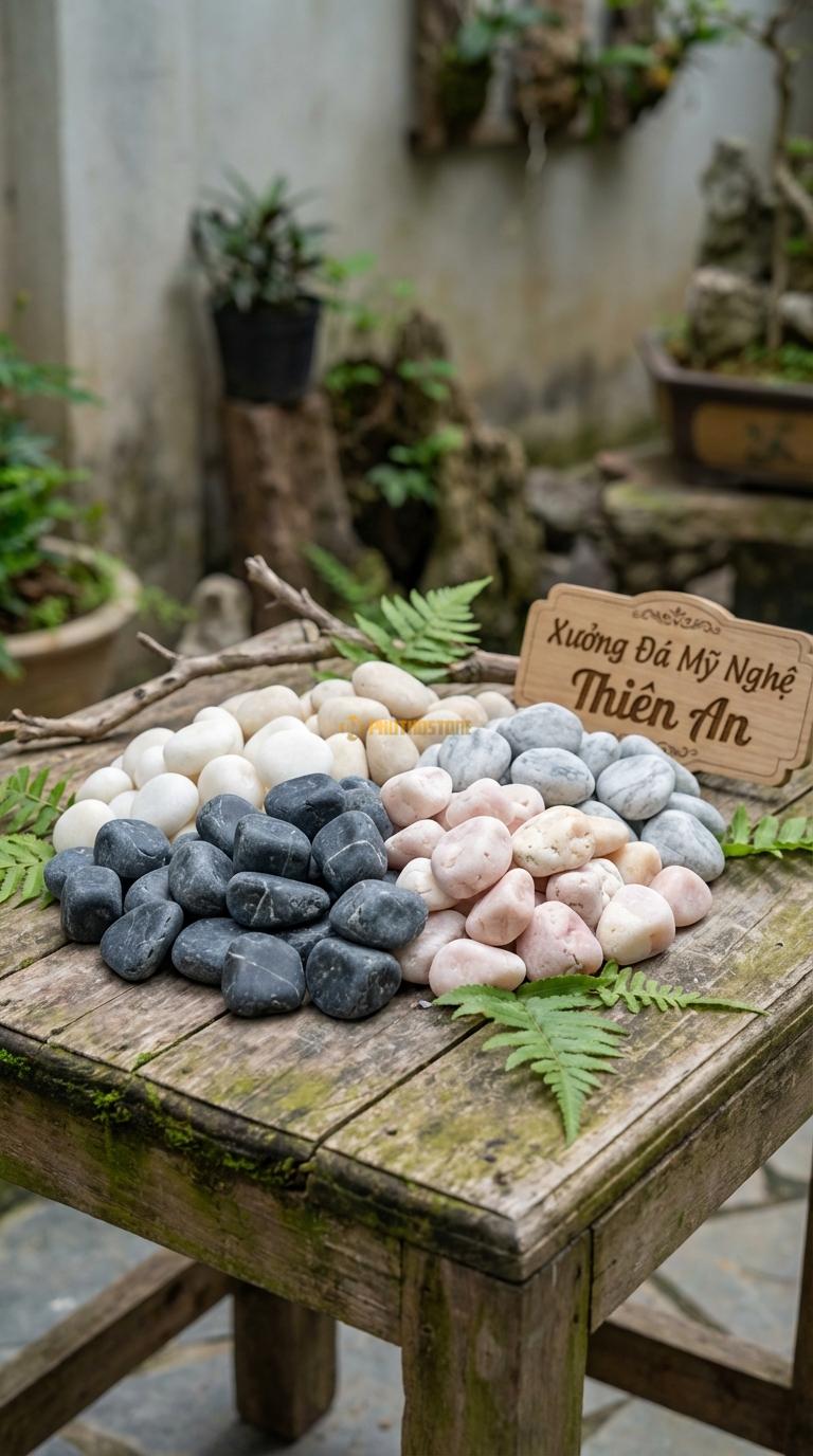 Sỏi Mix 4 loại sỏi đen quay, Trắng quay, Hồng quay, Ghi xám quay Tỉ lệ (30, 30, 25, 15). Size 2-3cm