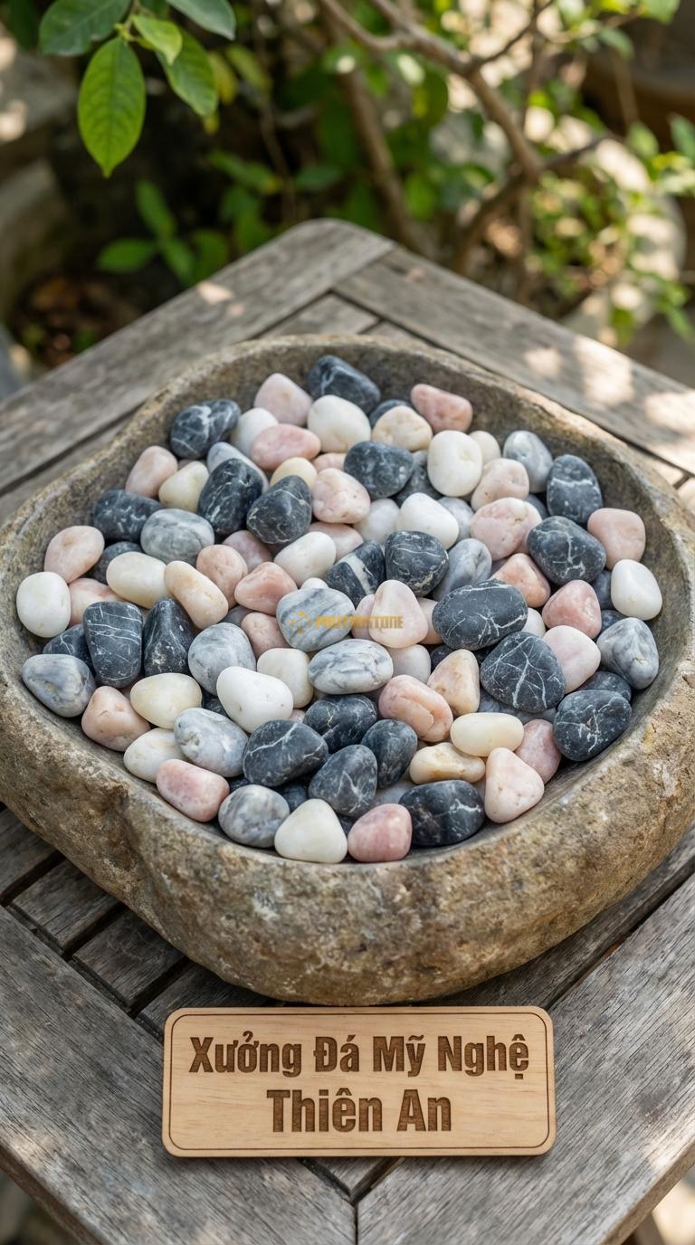 Sỏi Mix 4 loại sỏi đen quay, Trắng quay, Hồng quay, Ghi xám quay Tỉ lệ (45, 20, 20, 15). Size 2-3cm