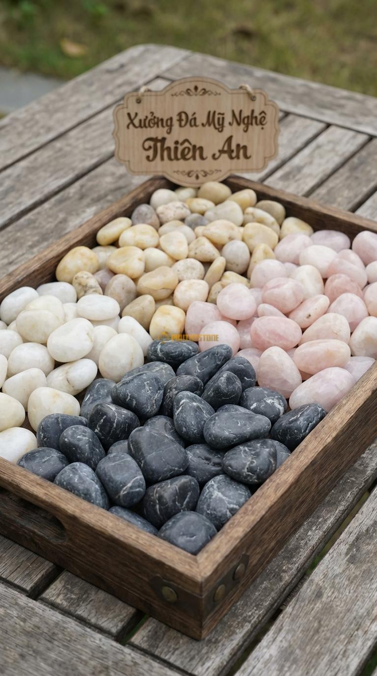 Sỏi Mix 4 loại sỏi đen quay, Trắng quay, Hồng quay, Vàng quay Tỉ lệ (45, 20, 20, 15). Size 3-5cm