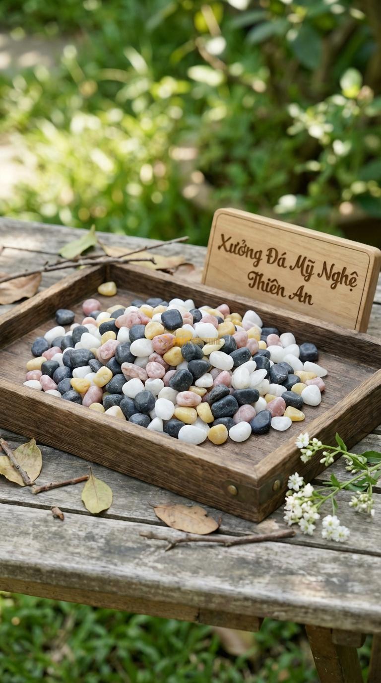 Sỏi Mix 4 loại sỏi đen quay, Trắng quay, Hồng quay, Vàng quay Tỉ lệ (30, 30, 25, 15). Size 7-9mm