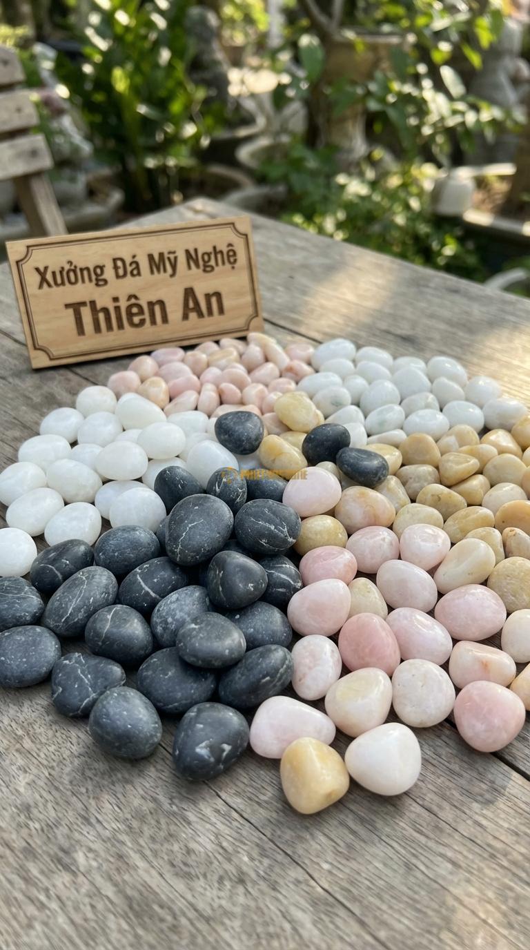 Sỏi Mix 4 loại sỏi đen quay, Trắng quay, Hồng quay, Vàng quay Tỉ lệ (45, 20, 20, 15). Size 7-9mm